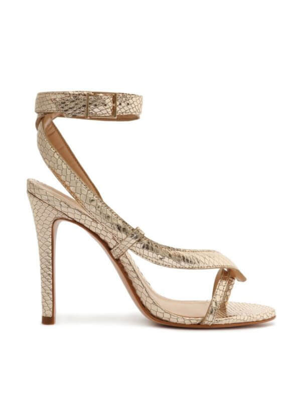 Sandália Salto Alto Cobra Croco Dourada Schutz