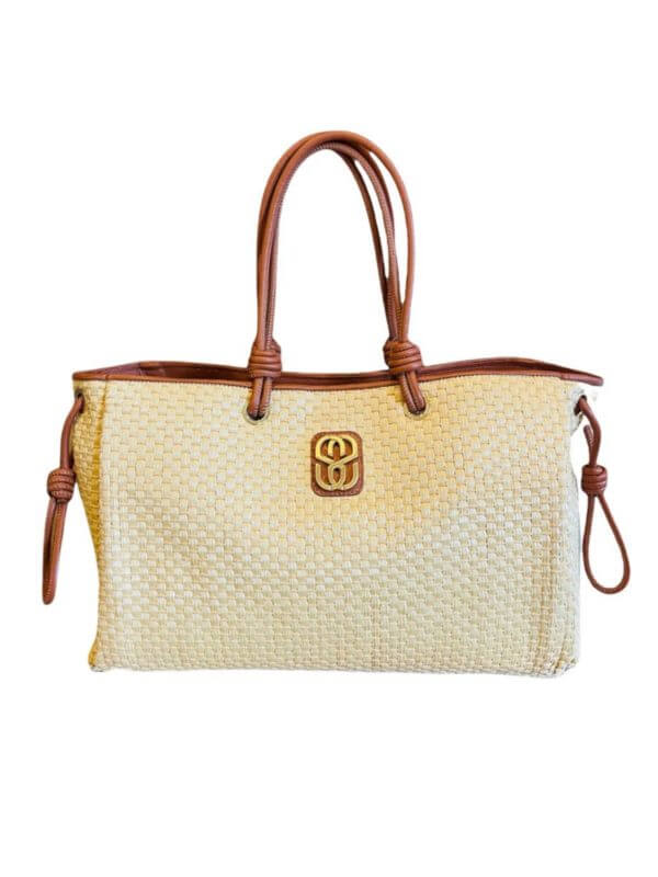 Bolsa Shopping Rafia Couro Palha Marrom Schutz