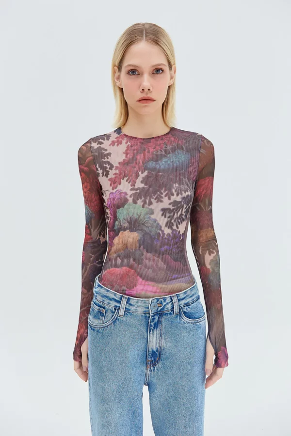 Blusa Tule Manga Longa Floresta Colorida TIG